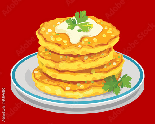 A stack of three delicious golden-brown corn pancakes with butter and cream - Vector Illustration

