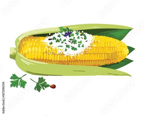 A healthy corn on the cob with fresh parsley and a creamy sauce - Vector Illustration

