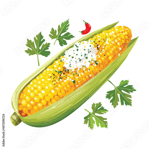 A fresh corn on the cob with green leaves and a sprinkle of parsley - Vector Illustration

