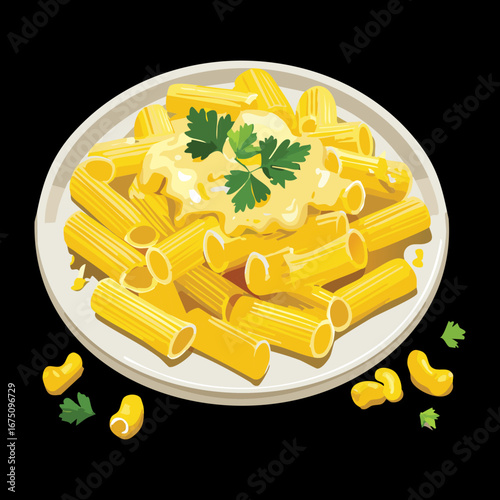 A bowl of macaroni and cheese with fresh herbs and a creamy sauce - Vector Illustration

