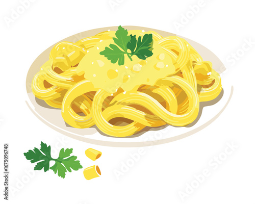 A plate of creamy pasta with a rich yellow sauce and fresh herbs on top - Vector Illustration

