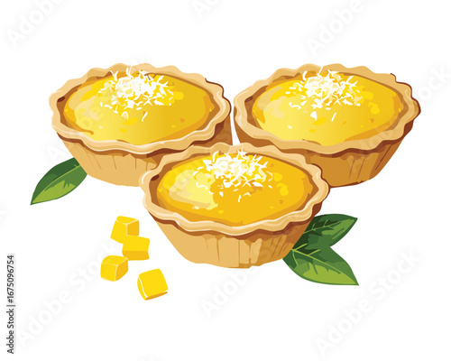 A pair of sweet corn tartlets with a flaky crust and fresh mint leaves - Vector Illustration

