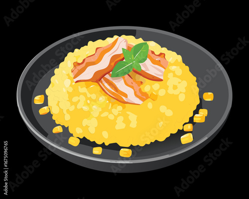 A creamy bowl of golden corn risotto topped with fresh beef and herbs - Vector Illustration

