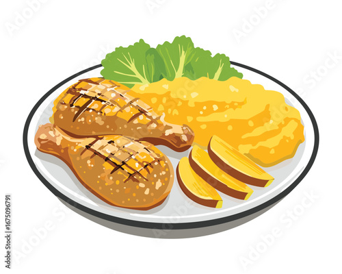 A hearty meal of roasted chicken with mashed potatoes on a white plate - Vector Illustration

