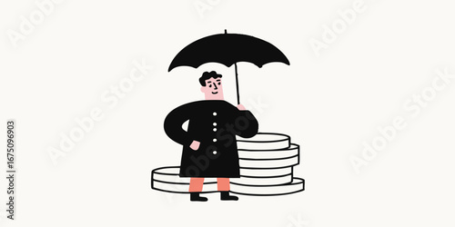 An illustration depicts a man safeguarding a stack of coins with an umbrella, symbolizing financial protection and security.
