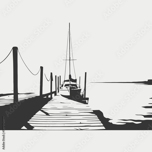 Calm boat stands on wooden pier, an artistic nautical scene silhouette