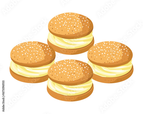 A set of sweet macaron cookies with creamy filling served like a sandwich - Vector Illustration

