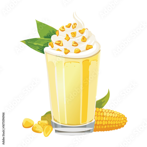 A tall glass of cold and creamy corn milkshake served with a full corn cob - Vector Illustration

