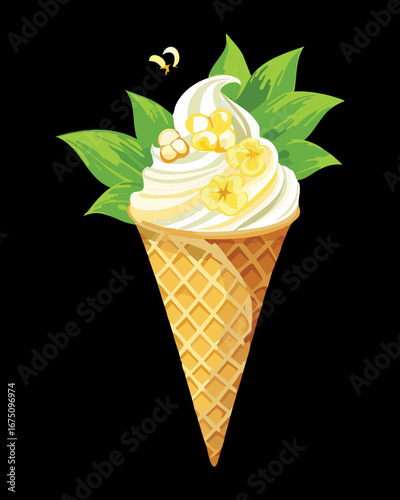 A scoop of vanilla ice cream on a crispy waffle cone decorated with fresh corn kernels - Vector Illustration

