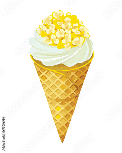 A delicious scoop of ice cream on a classic waffle cone with pieces of sweet fresh corn - Vector Illustration

