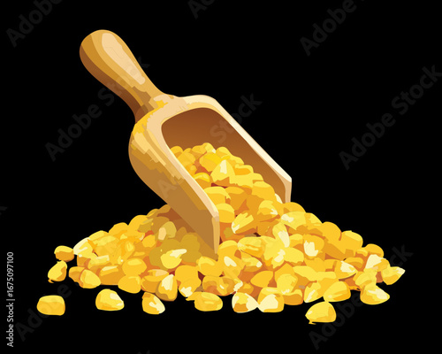 A large pile of shelled corn kernels with a wooden scoop, symbolizing a rich and abundant harvest - Vector Illustration