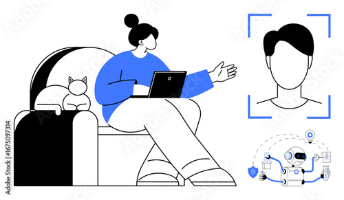 Person seated on a couch with laptop near a cat while facing facial recognition technology and AI assistant. Ideal for technology, AI interaction, remote work, security, innovation, data analysis