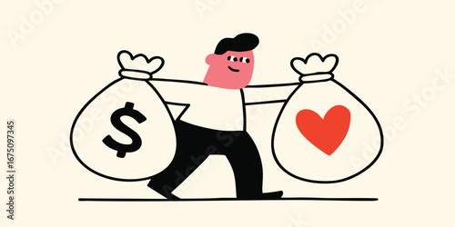 An illustration that is an icon representing choice of wealth or well-being, one bag with a dollar sign, one with a heart. A person carries these two bags. 