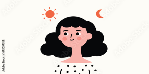 A cheerful young girl stands under the sun and moon, exuding a sense of youthful joy and a positive outlook on life, a delightful illustration.