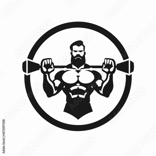 Muscular bearded man lifting weights in a circle, powerful graphic silhouette