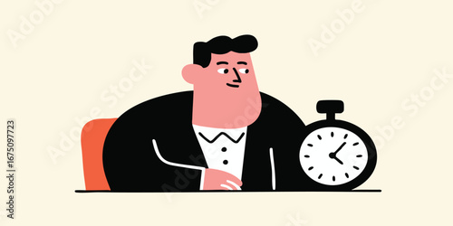 A sharp-dressed businessman with a stopwatch sits intently, symbolizing the importance of time management, deadlines and efficiency in a fast-paced business environment.