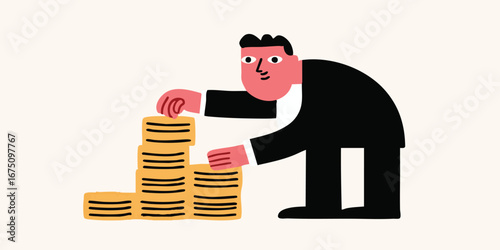 An illustration depicts a focused businessman building a towering stack of coins. Emphasizing themes of financial growth and wealth accumulation in a simplified and engaging style.