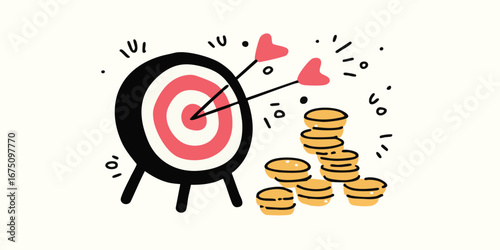 Arrows hit the bullseye, symbolizing precision and financial goals achieved, alongside a stack of golden coins, creating a vibrant illustration.