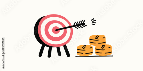 An arrow strikes the bullseye, beside stacks of gold coins illustrating financial goals and achievement, capturing the essence of precise aim and financial success.