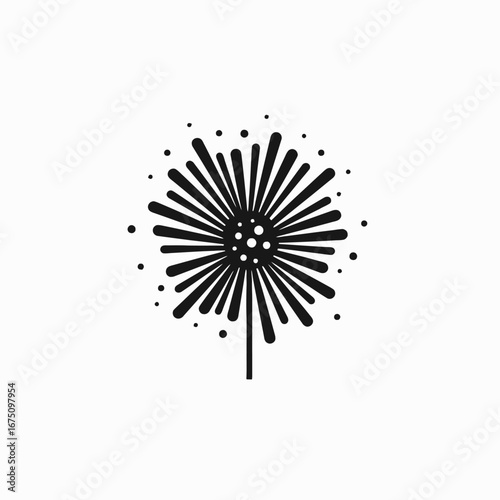 Stylized dandelion seedhead with radiating florets in stark monochrome silhouette