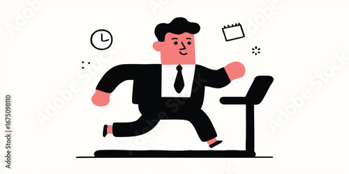 A determined businessman runs on a treadmill with illustrative of schedule and time , symbolizing the relentless pursuit of productivity and ambition.