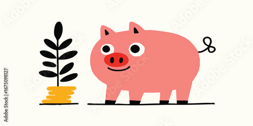 A delightful cartoon of a smiling piggy bank is standing next to a growing plant which sits upon a pile of coins, this image captures the essence of financial growth.