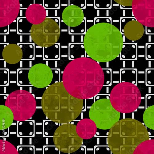 Multicolored watercolor polka dots on geometric background
