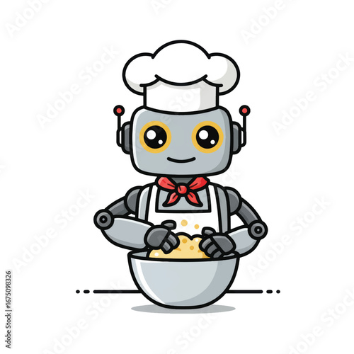 Cute cartoon robot chef wearing a toque and apron while mixing dough in a bowl.