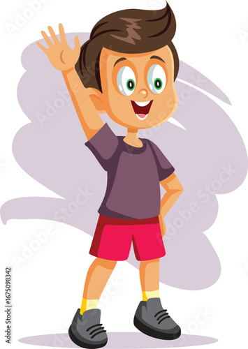 Cheerful Boy Waving Hello Vector Cartoon Character. Happy child greeting politely using nonverbal communication gesture