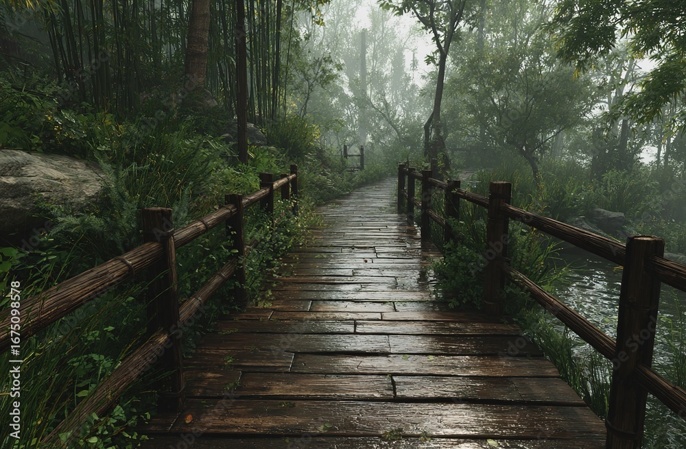 Fototapeta premium A wet wooden walkway in a foggy forest. Perfect for nature retreat ads, hiking blogs, or tranquil landscape visuals. 