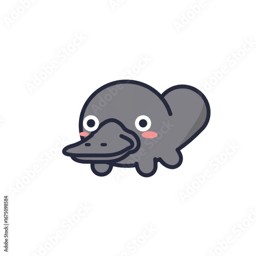 Adorable grey cartoon platypus with big eyes and pink blushing cheeks.