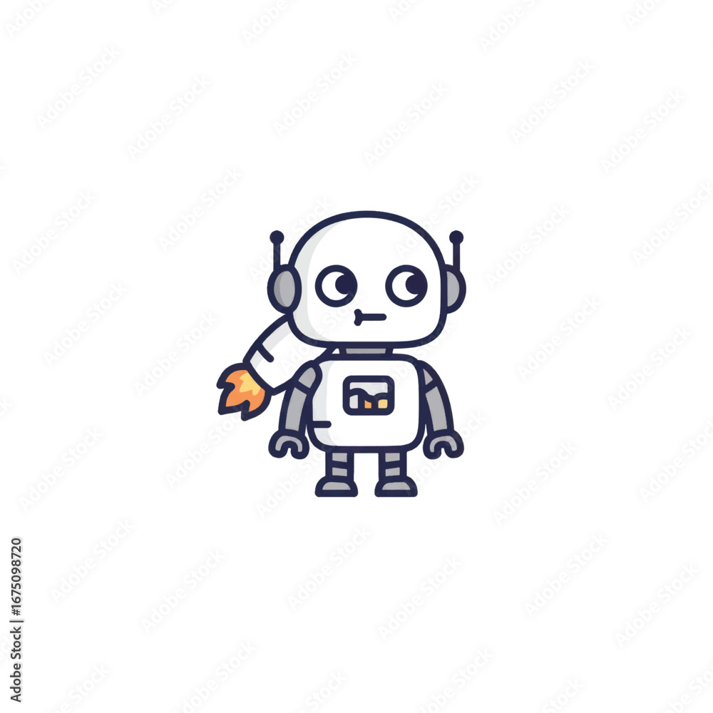 Fototapeta premium Cute white cartoon robot character with a firing rocket arm booster and large expressive eyes.