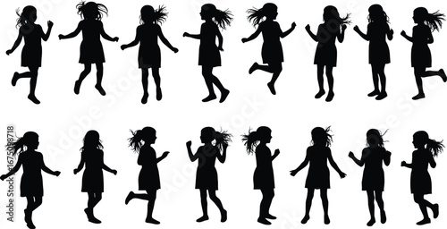 Children silhouettes collection, little girls playing vector set, childhood activity icons, running and walking design, playful kids illustration, black lifestyle shapes, youth figures