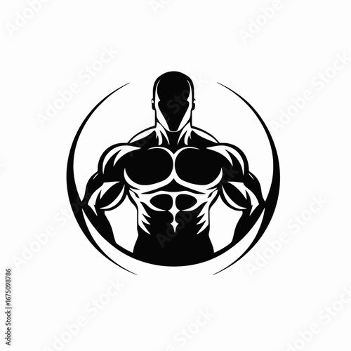 Strong bodybuilder inside the circle frame posing fitness muscular male silhouette
