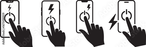 Smartphone touch screen vector illustration showing hand pressing power button with lightning bolt symbol representing mobile technology, charging, energy, app interface, and digital control