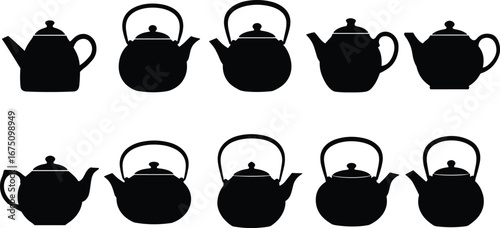 Teapot silhouettes collection, black kitchen utensils vector set, traditional tea kettle icons, hot drink design, cooking pot illustration, cafe beverage decorative elements