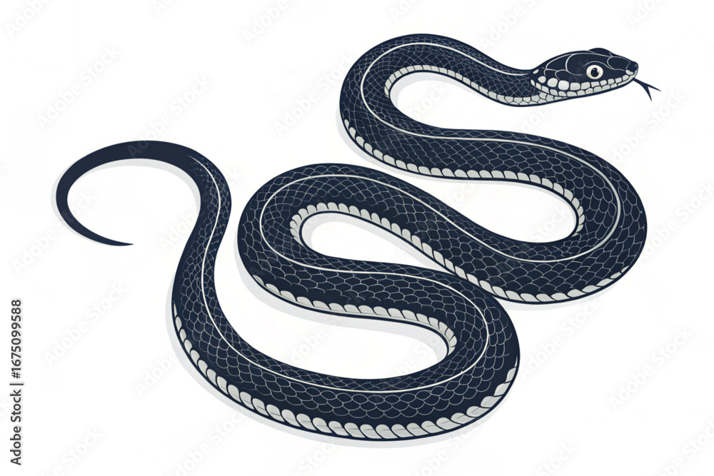 Fototapeta premium A striking black snake with visible scales is isolated on a clean white background, highlighting its wild and dangerous nature