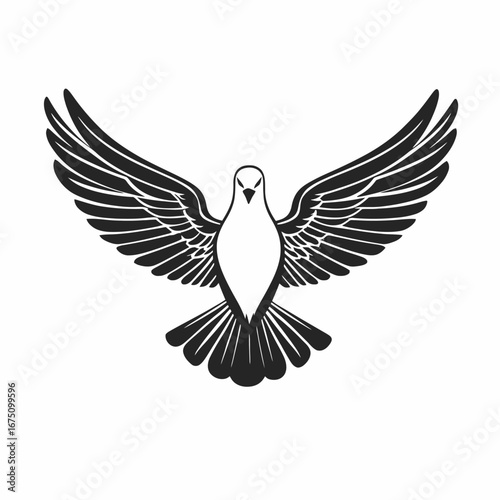 Majestic dove soars with outstretched wings in striking contrasting artistic silhouette