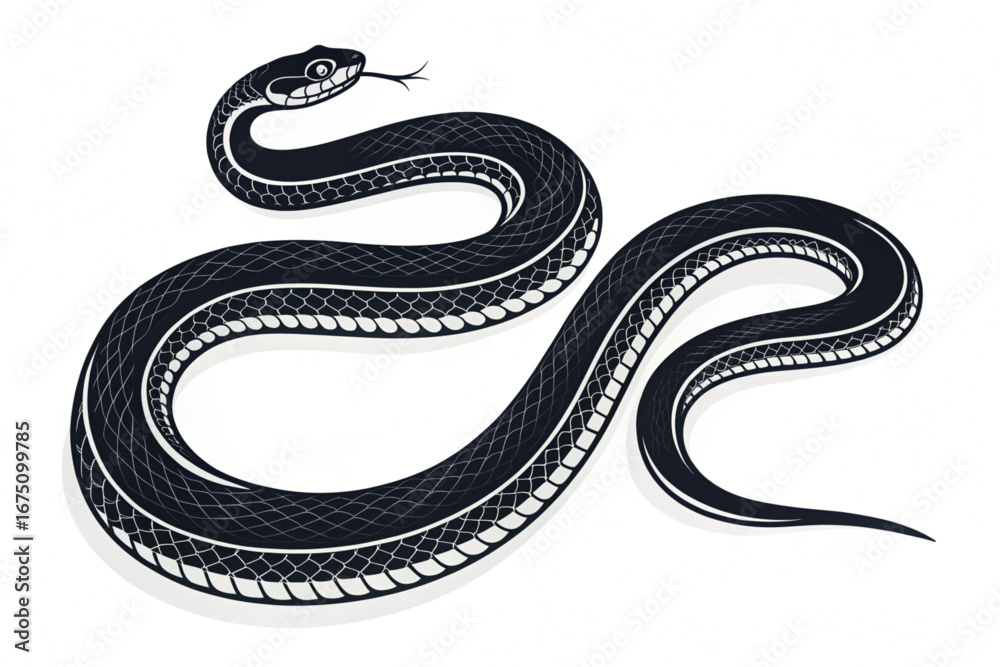 Obraz premium A striking black snake with visible scales is isolated on a clean white background, highlighting its wild and dangerous nature