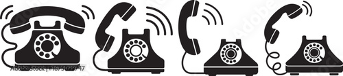 Retro telephone vector illustration set showing old rotary dial phones and ringing handsets, symbolizing vintage communication, customer service, contact, technology history, and business connection