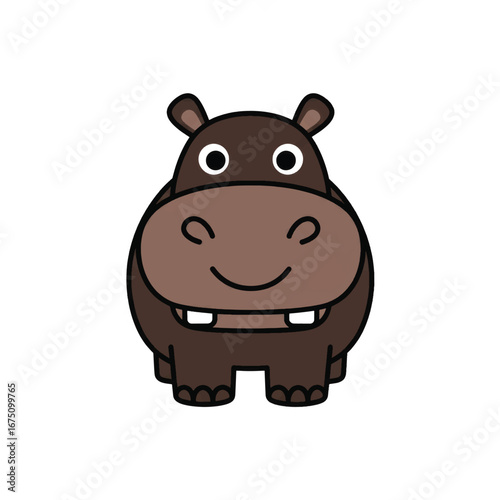 A cute brown cartoon hippopotamus smiling happily with two prominent white teeth and big round eyes.