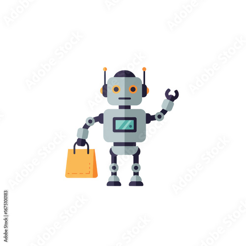 Friendly cartoon robot with antennae and a screen waving and holding an orange shopping bag.
