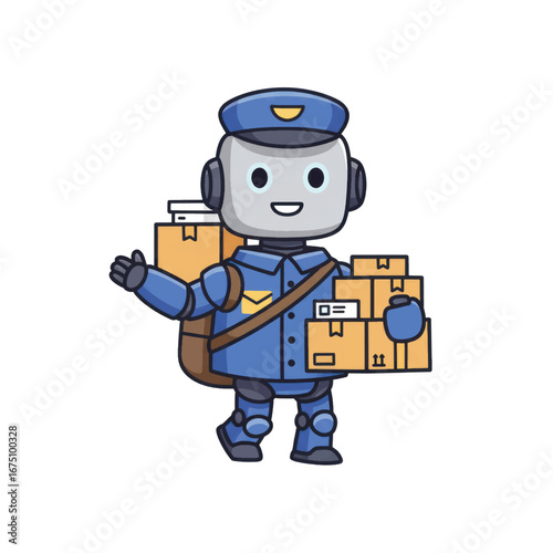 A friendly cartoon robot courier in a blue uniform and cap smiling while holding cardboard packages and waving.