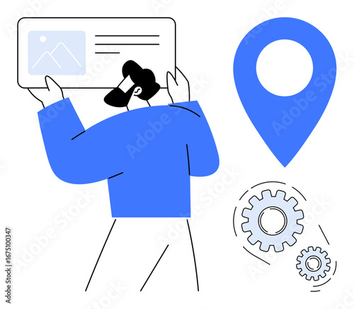 Person holding a document with image and text, large location pin, two connected gears. Ideal for navigation, automation, workflow, process management, organization, data tracking digital tools