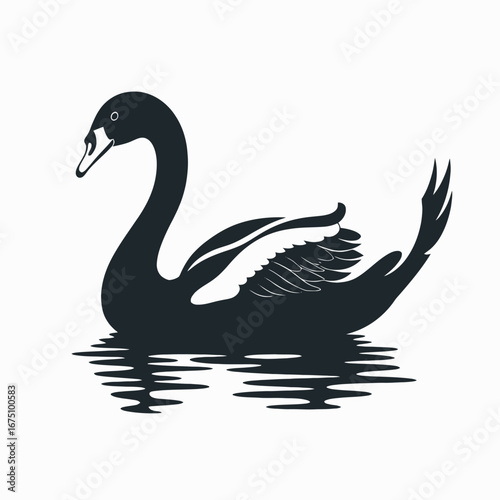 Elegant black swan swimming calmly, beautiful water reflection, striking design silhouette