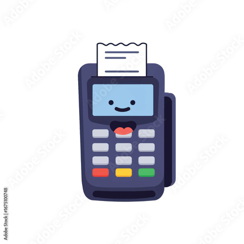Illustrated dark blue credit card machine with a cute smiling face colorful keypad and paper receipt.