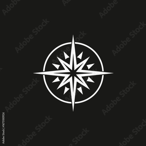 Stylish white nautical compass rose design, set against simple black silhouette