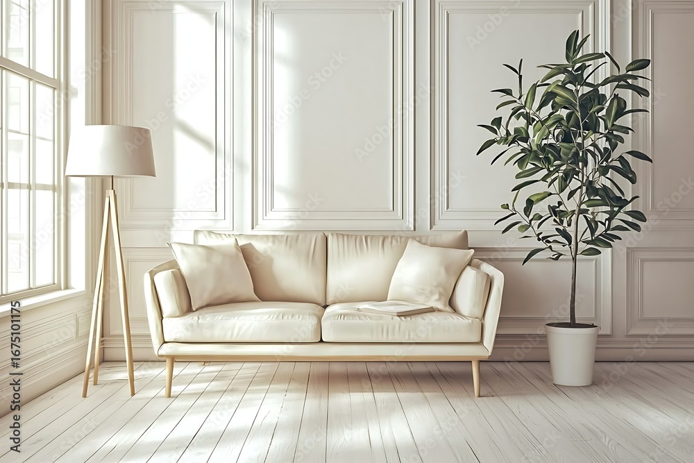 Fototapeta premium Elegant Minimalist Living Room with Cream Sofa, Floor Lamp, and Potted Plant Near Window