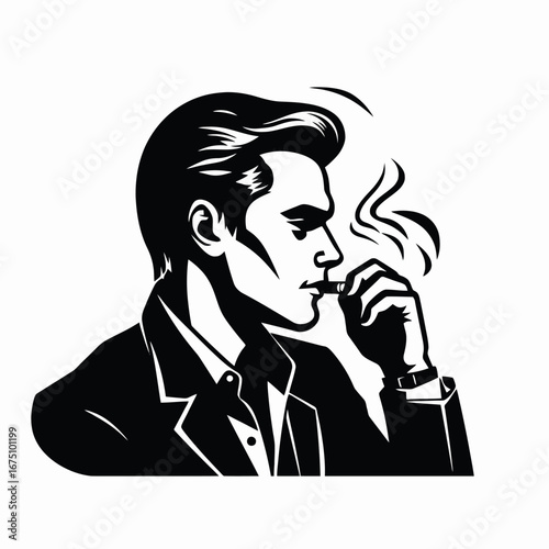 Confident businessman smoking cigar with elegant hair and suit silhouette