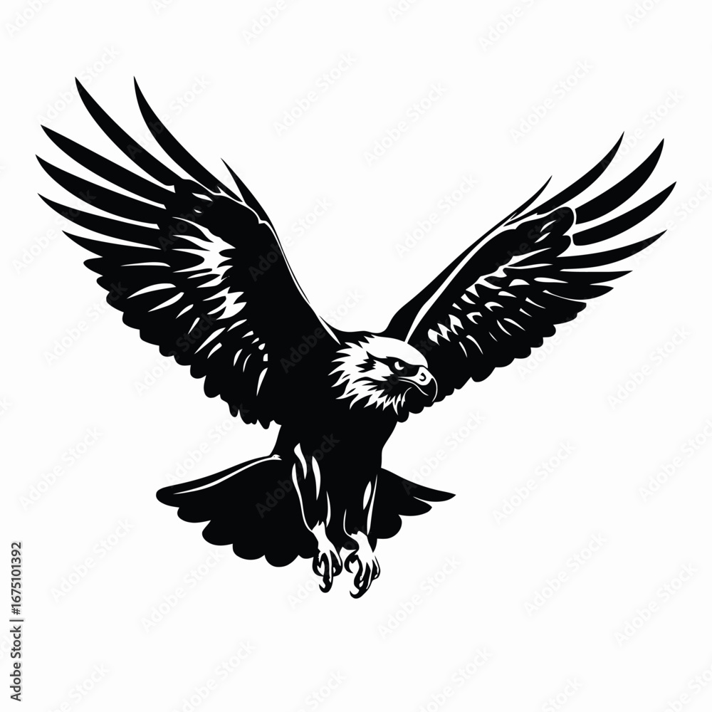 Fototapeta premium Majestic bald eagle soars with outstretched wings in striking black silhouette